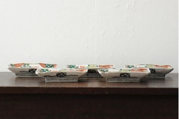 アンティーク雑貨　江戸期　古伊万里　色絵染付櫛高台角皿5枚(鍋島長皿、和食器)(R-043516)