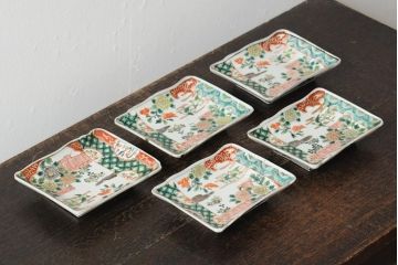 アンティーク雑貨　江戸期　古伊万里　色絵染付櫛高台角皿5枚(鍋島長皿、和食器)(R-043516)