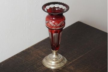 ヨーロッパアンティーク　カットガラス　切子　銀(シルバー)?　フラワーベース(花瓶、花器、ボヘミアガラス?)(R-043523)