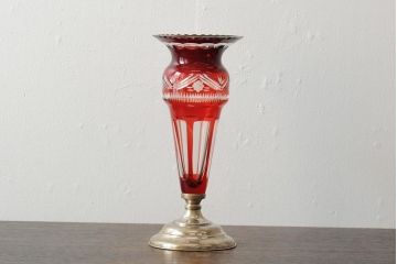 ヨーロッパアンティーク　カットガラス　切子　銀(シルバー)?　フラワーベース(花瓶、花器、ボヘミアガラス?)(R-043523)