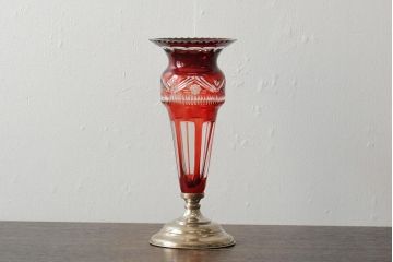 ヨーロッパアンティーク　カットガラス　切子　銀(シルバー)?　フラワーベース(花瓶、花器、ボヘミアガラス?)(R-043523)