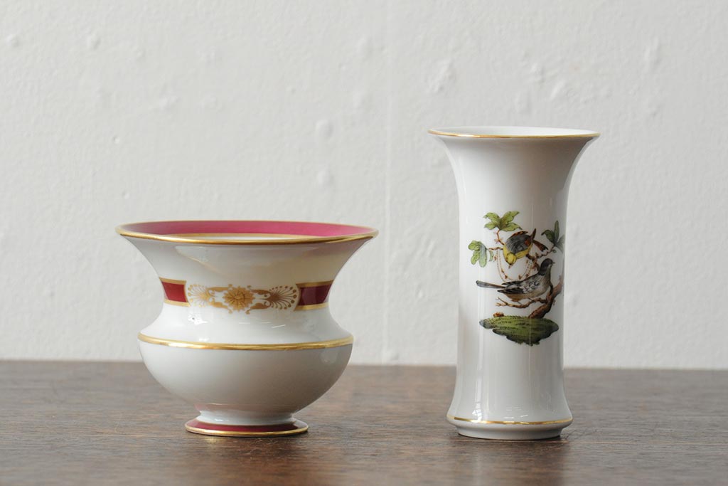 ハンガリー　HEREND(ヘレンド)　RO　ロスチャイルドバードと赤いラインが美しい花瓶2個セット(フラワーベース、西洋陶磁器)(R-043546)
