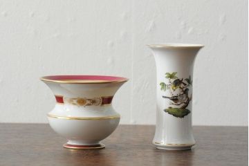 ハンガリー　HEREND(ヘレンド)　RO　ロスチャイルドバードと赤いラインが美しい花瓶2個セット(フラワーベース、西洋陶磁器)(R-043546)