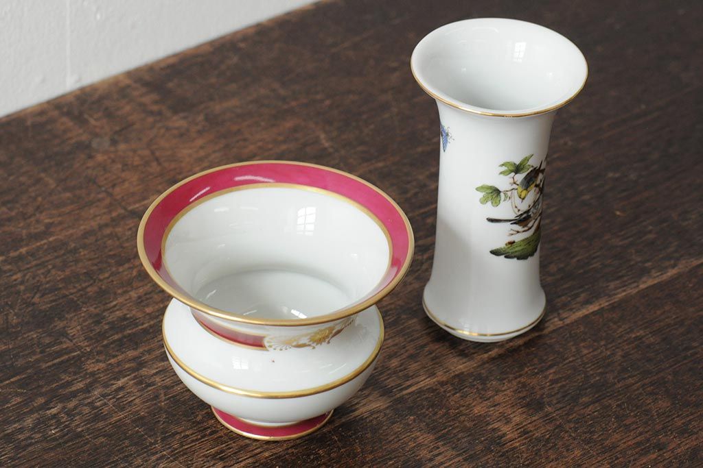 ハンガリー　HEREND(ヘレンド)　RO　ロスチャイルドバードと赤いラインが美しい花瓶2個セット(フラワーベース、西洋陶磁器)(R-043546)