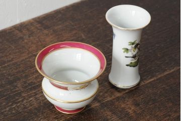 ハンガリー　HEREND(ヘレンド)　RO　ロスチャイルドバードと赤いラインが美しい花瓶2個セット(フラワーベース、西洋陶磁器)(R-043546)