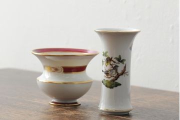 ハンガリー　HEREND(ヘレンド)　RO　ロスチャイルドバードと赤いラインが美しい花瓶2個セット(フラワーベース、西洋陶磁器)(R-043546)