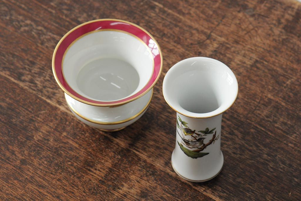 ハンガリー　HEREND(ヘレンド)　RO　ロスチャイルドバードと赤いラインが美しい花瓶2個セット(フラワーベース、西洋陶磁器)(R-043546)