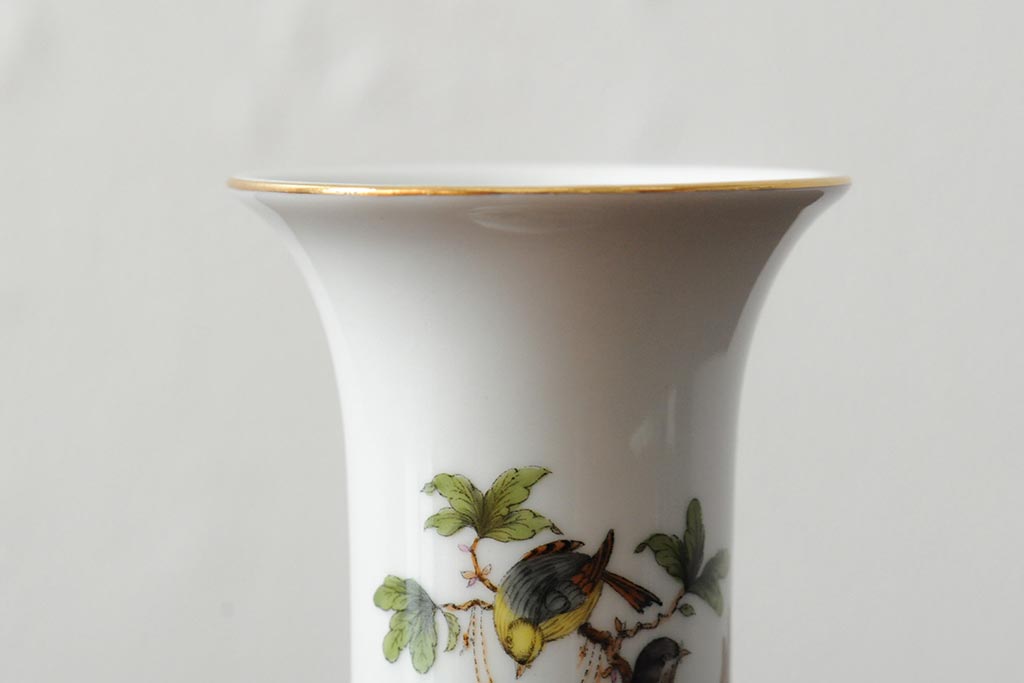 ハンガリー　HEREND(ヘレンド)　RO　ロスチャイルドバードと赤いラインが美しい花瓶2個セット(フラワーベース、西洋陶磁器)(R-043546)