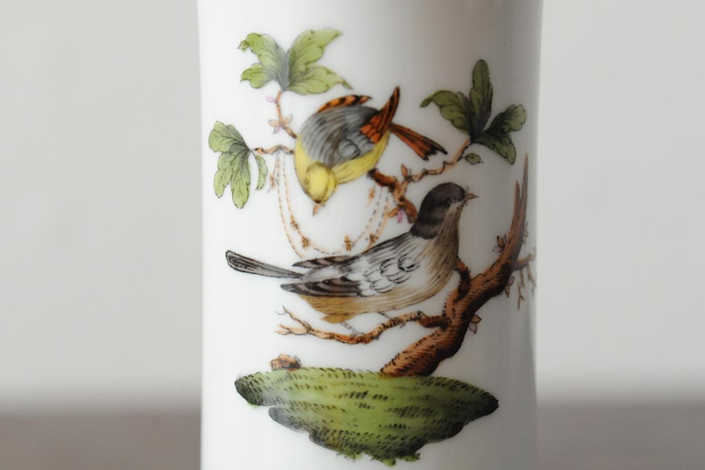 ハンガリー　HEREND(ヘレンド)　RO　ロスチャイルドバードと赤いラインが美しい花瓶2個セット(フラワーベース、西洋陶磁器)(R-043546)