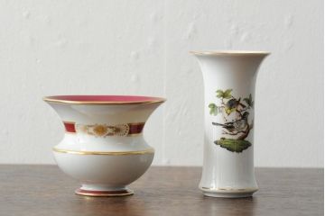 ハンガリー　HEREND(ヘレンド)　RO　ロスチャイルドバードと赤いラインが美しい花瓶2個セット(フラワーベース、西洋陶磁器)(R-043546)