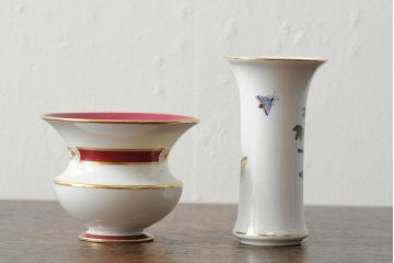 ハンガリー　HEREND(ヘレンド)　RO　ロスチャイルドバードと赤いラインが美しい花瓶2個セット(フラワーベース、西洋陶磁器)(R-043546)