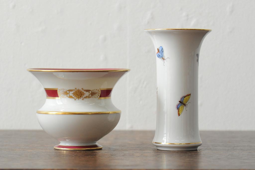 ハンガリー　HEREND(ヘレンド)　RO　ロスチャイルドバードと赤いラインが美しい花瓶2個セット(フラワーベース、西洋陶磁器)(R-043546)