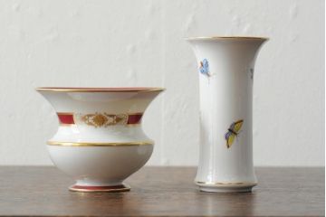 ハンガリー　HEREND(ヘレンド)　RO　ロスチャイルドバードと赤いラインが美しい花瓶2個セット(フラワーベース、西洋陶磁器)(R-043546)