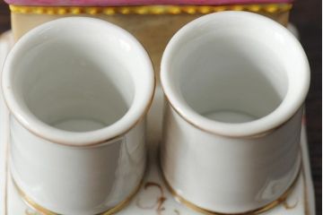 アンティーク雑貨　民族衣装　マジシャン　人物　陶器の置物3点セット(オブジェ、ペン立て、小物入れ、ディスプレイ雑貨)(R-043550)