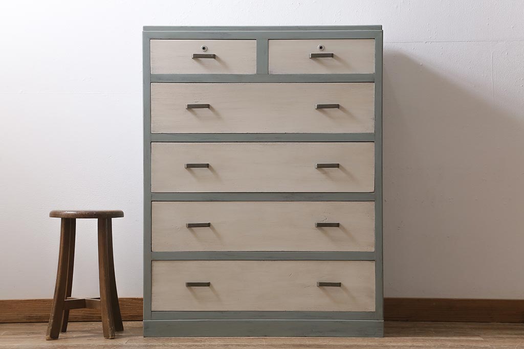 レトロ家具　フレンチカラーがかわいらしいペイントチェスト(引き出し、タンス)(R-043571)