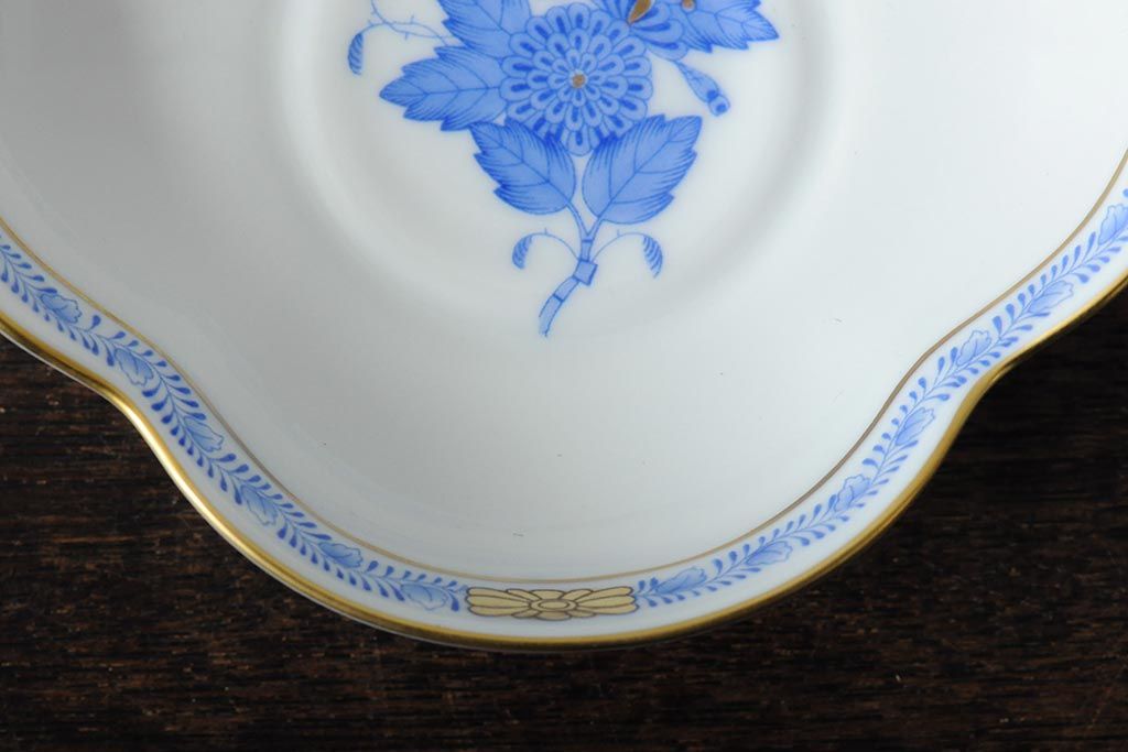 ハンガリー　HEREND(ヘレンド)　ハンドペイント　アポニー・ブルー　カップとプレート3点セット(小皿、ディッシュ、洋食器)(R-043611)