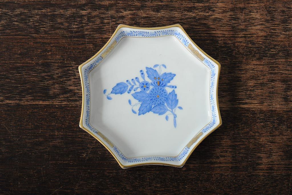 ハンガリー　HEREND(ヘレンド)　ハンドペイント　アポニー・ブルー　カップとプレート3点セット(小皿、ディッシュ、洋食器)(R-043611)