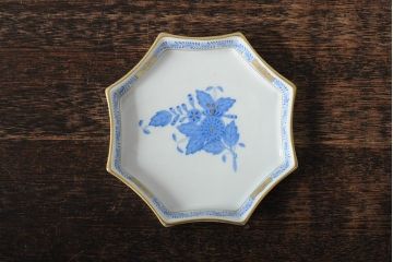 ハンガリー　HEREND(ヘレンド)　ハンドペイント　アポニー・ブルー　カップとプレート3点セット(小皿、ディッシュ、洋食器)(R-043611)