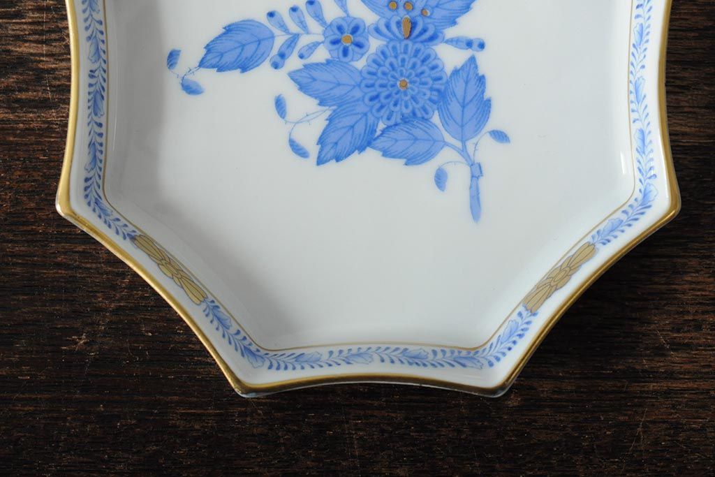 ハンガリー　HEREND(ヘレンド)　ハンドペイント　アポニー・ブルー　カップとプレート3点セット(小皿、ディッシュ、洋食器)(R-043611)