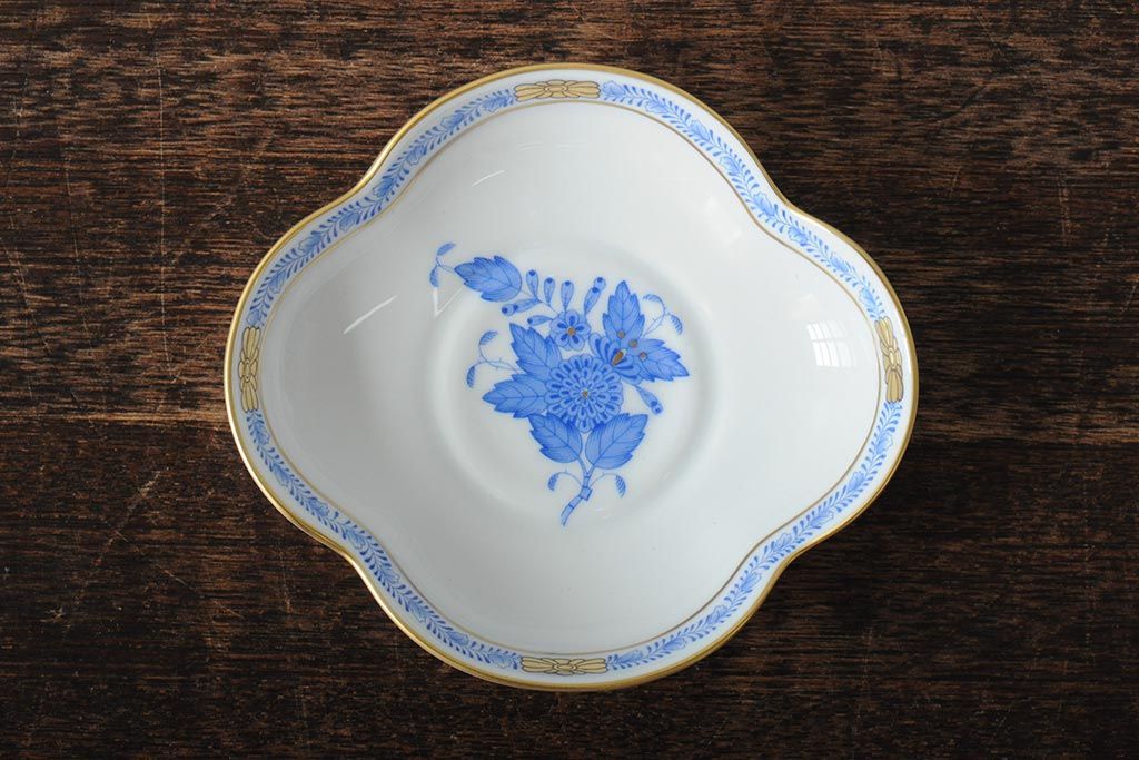 ハンガリー　HEREND(ヘレンド)　ハンドペイント　アポニー・ブルー　カップとプレート3点セット(小皿、ディッシュ、洋食器)(R-043611)