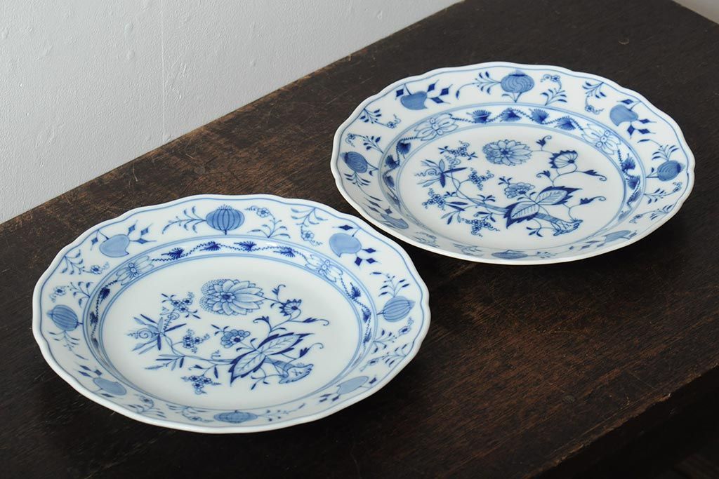 MEISSEN(マイセン)　ブルーオニオン　プレート2枚セット(デザートプレート、丸皿、中皿、洋食器、西洋陶磁器)(R-043616)