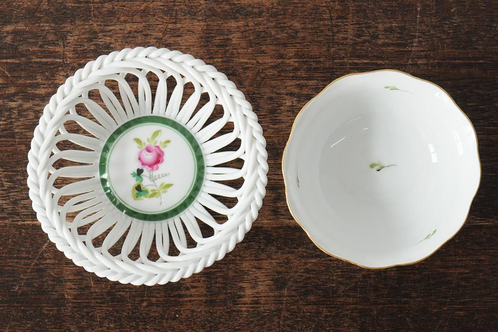 ハンガリー　HEREND(ヘレンド)　ウィーンの薔薇(VRH)・バスケット　フルーツ&フラワー(FRN)・スモールボウル(小物入れ、カップ、小鉢、洋食器)(R-043619)