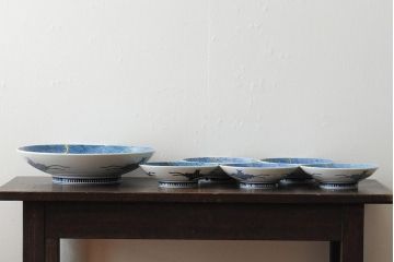 船津彩雲作　色鍋島三瓢箪青海波文皿6枚セット(伊万里大皿、小皿、和食器、箱なし)(R-043620)