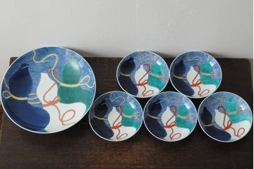 船津彩雲作　色鍋島三瓢箪青海波文皿6枚セット(伊万里大皿、小皿、和食器、箱なし)(R-043620)