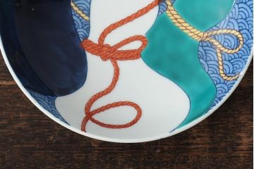 船津彩雲作　色鍋島三瓢箪青海波文皿6枚セット(伊万里大皿、小皿、和食器、箱なし)(R-043620)