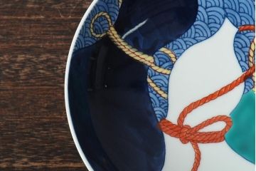 船津彩雲作　色鍋島三瓢箪青海波文皿6枚セット(伊万里大皿、小皿、和食器、箱なし)(R-043620)