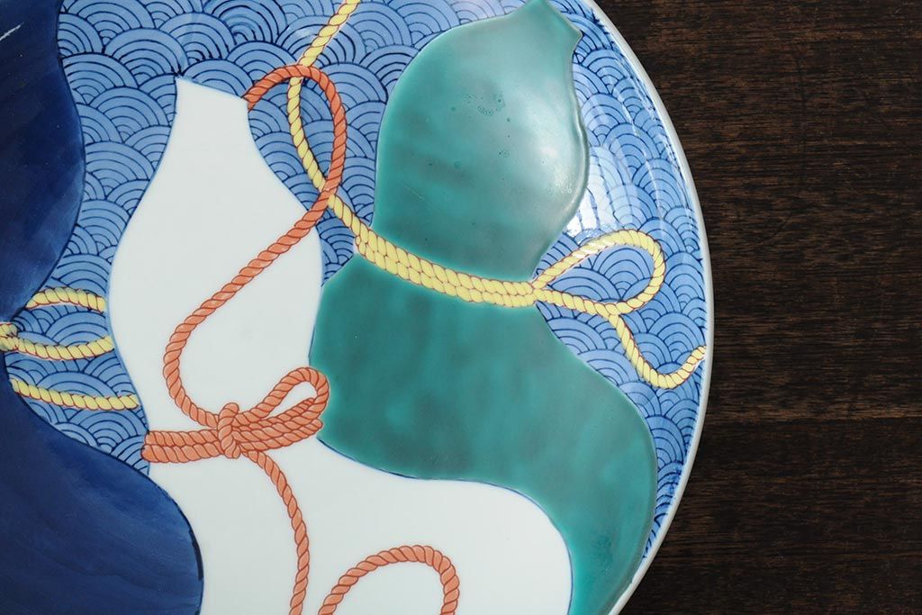 船津彩雲作　色鍋島三瓢箪青海波文皿6枚セット(伊万里大皿、小皿、和食器、箱なし)(R-043620)