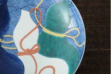 船津彩雲作　色鍋島三瓢箪青海波文皿6枚セット(伊万里大皿、小皿、和食器、箱なし)(R-043620)