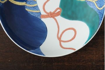 船津彩雲作　色鍋島三瓢箪青海波文皿6枚セット(伊万里大皿、小皿、和食器、箱なし)(R-043620)