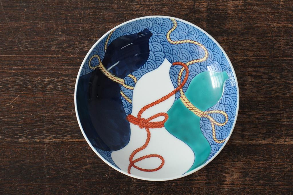 船津彩雲作　色鍋島三瓢箪青海波文皿6枚セット(伊万里大皿、小皿、和食器、箱なし)(R-043620)