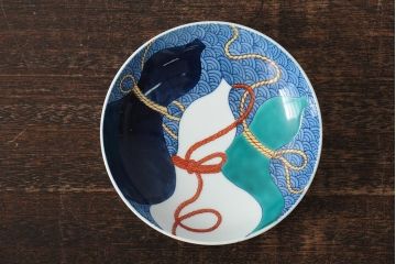 船津彩雲作　色鍋島三瓢箪青海波文皿6枚セット(伊万里大皿、小皿、和食器、箱なし)(R-043620)