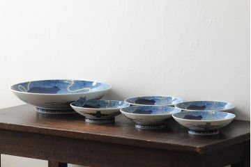 船津彩雲作　色鍋島三瓢箪青海波文皿6枚セット(伊万里大皿、小皿、和食器、箱なし)(R-043620)