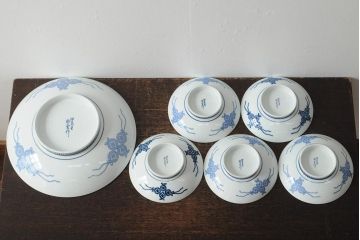 船津彩雲作　色鍋島三瓢箪青海波文皿6枚セット(伊万里大皿、小皿、和食器、箱なし)(R-043620)