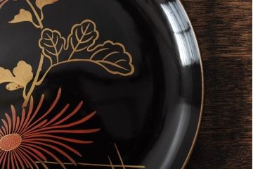 大正昭和初期　菊・桃図　蒔絵木皿5枚セット(漆器、木製皿、銘々皿)(R-043622)