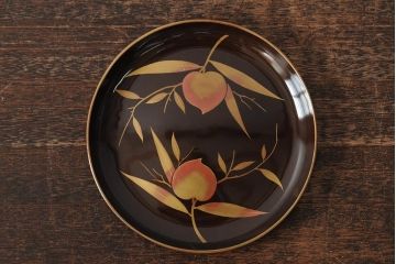 大正昭和初期　桃図　蒔絵木皿5枚セット(漆器、木製皿、銘々皿)(R-043623)