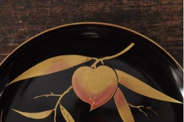 大正昭和初期　桃図　蒔絵木皿5枚セット(漆器、木製皿、銘々皿)(R-043623)