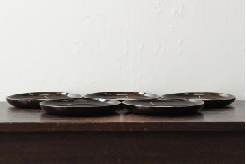大正昭和初期　桃図　蒔絵木皿5枚セット(漆器、木製皿、銘々皿)(R-043623)
