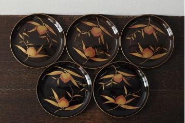 大正昭和初期　桃図　蒔絵木皿5枚セット(漆器、木製皿、銘々皿)(R-043623)