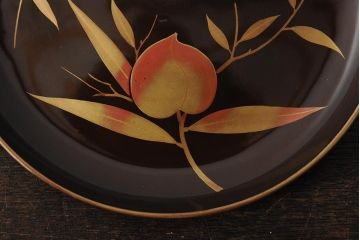 大正昭和初期　桃図　蒔絵木皿5枚セット(漆器、木製皿、銘々皿)(R-043623)