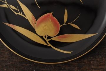 大正昭和初期　桃図　蒔絵木皿5枚セット(漆器、木製皿、銘々皿)(R-043623)