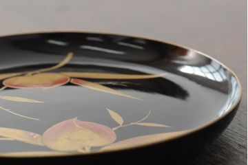 大正昭和初期　桃図　蒔絵木皿5枚セット(漆器、木製皿、銘々皿)(R-043623)