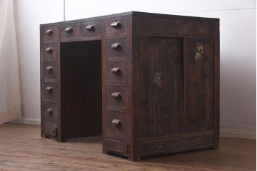 アンティーク家具　昭和初期　引き出し12杯　レア!珍しい側面扉付きの両袖デスク(ワークデスク、机、在宅ワーク、在宅用)(R-043643)