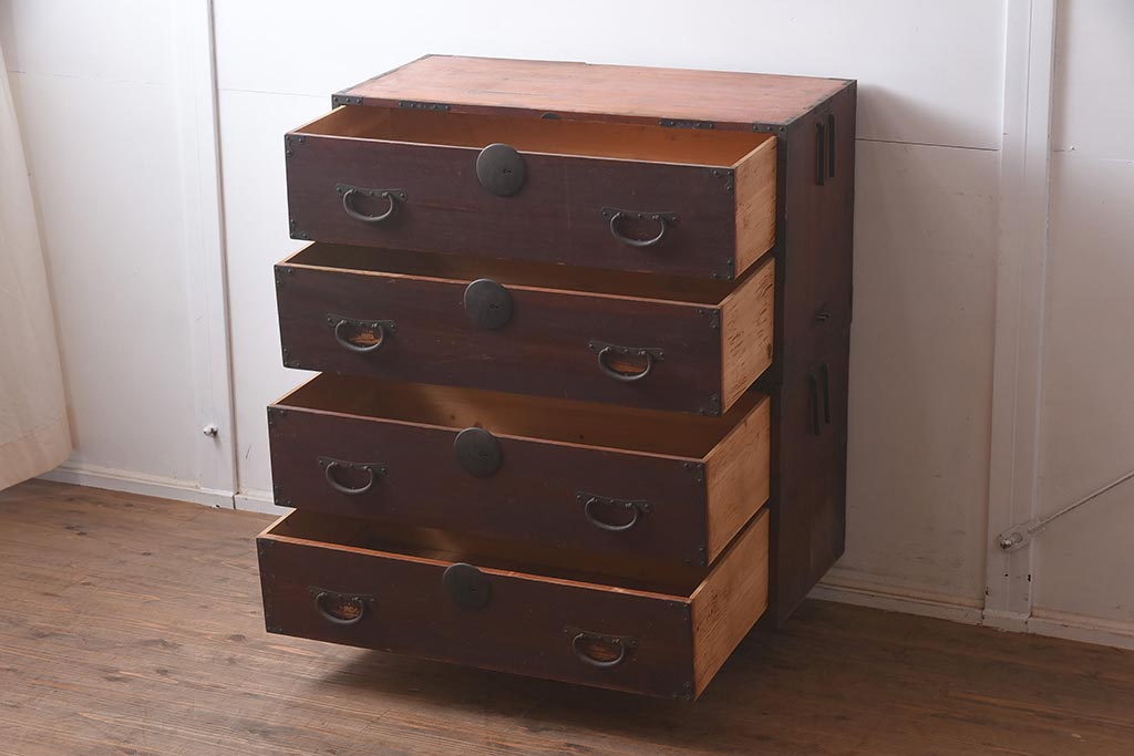 アンティーク家具　ヒノキ材　古い木の質感が味わい深い重ね箪笥(衣装箪笥、時代箪笥、引き出し)(R-043693)