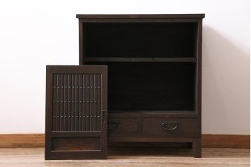 ラフジュ工房オリジナル　古建具リメイク　前板栗材　引き出し付き　和モダンな脚付きキャビネット(水屋、収納棚、戸棚)(R-043699)