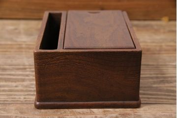 アンティーク雑貨　和製アンティーク　明治大正期　総ケヤキ材　蓋付き・仕切り付き　杢目が味わい深い小箱(木箱、小物収納、小物入れ、ペン立て)(R-043714)