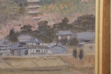 平成二年　高橋美則　吉備国分寺　早春　油絵(油彩、ディスプレイ雑貨、壁掛け)(R-043721)